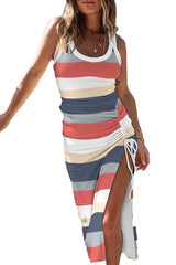 Striped Color Block Ribbed Knit Lace-up Slit Tank Dress