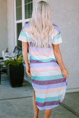 Striped Color Block V Neck T Shirt Midi Dress
