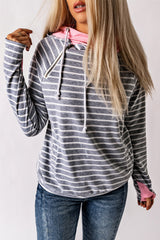 Striped Cowl Neck Hoodie With Pocket