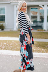 Striped Floral O-Neck Long Dress
