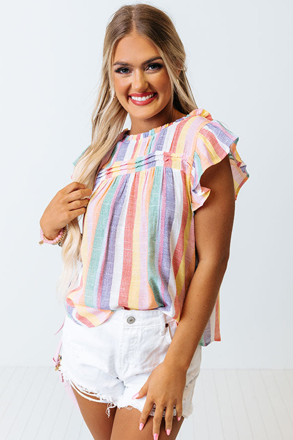 Striped Frill Round Neck Ruffle Sleeve Blouse