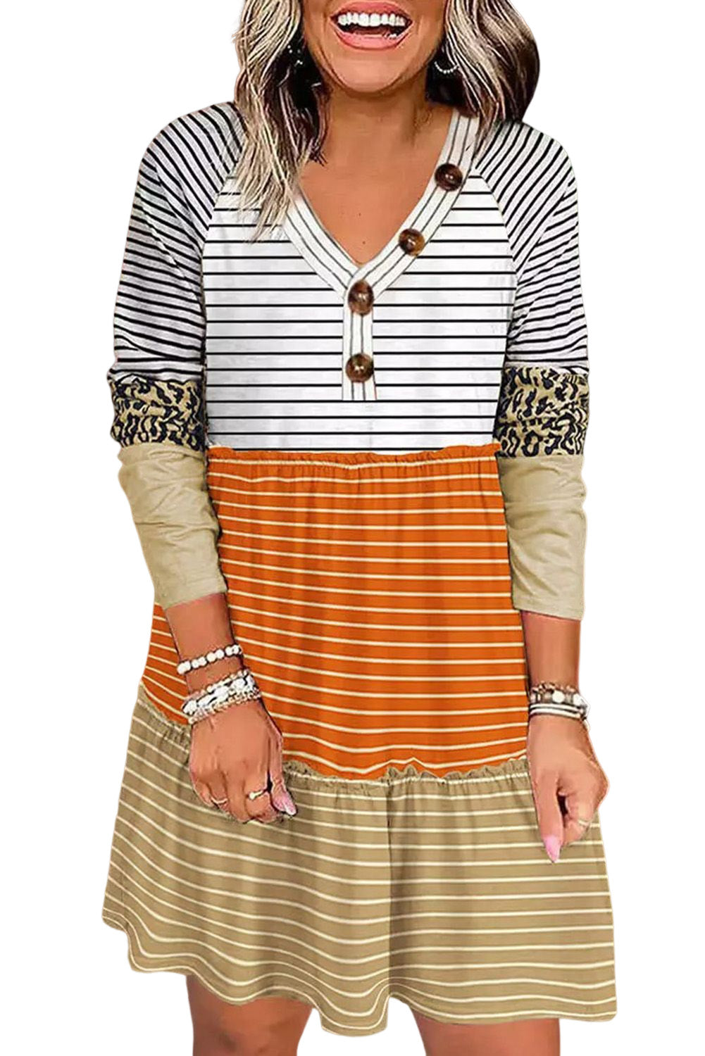 Striped Leopard Color Block Button Ruffled Mini Dress