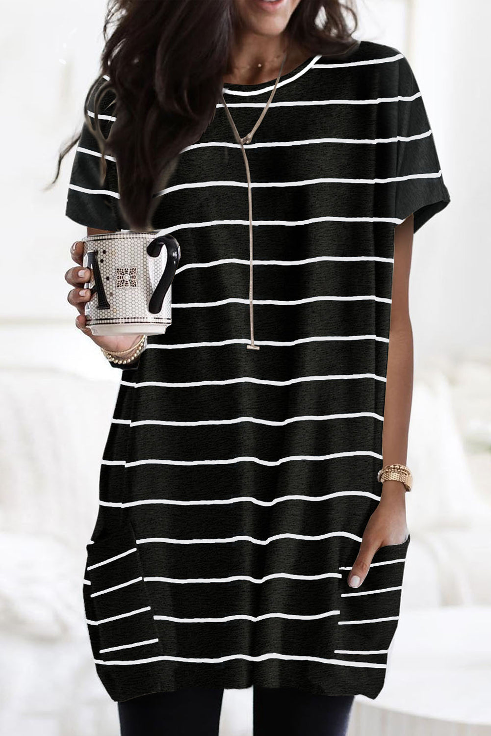 Striped Print Side Pockets Short Sleeve Tunic Top
