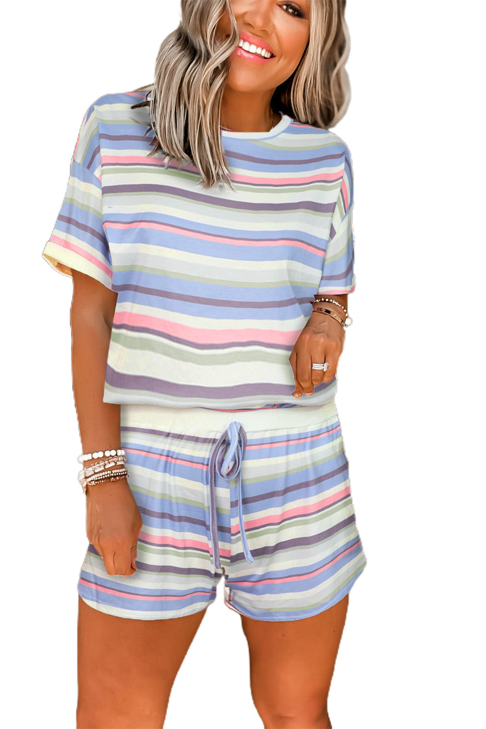 Striped Print Tee and Shorts Lounge Set