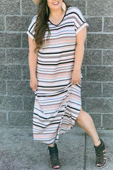 Striped Print V Neck Side Split Plus Size Dress