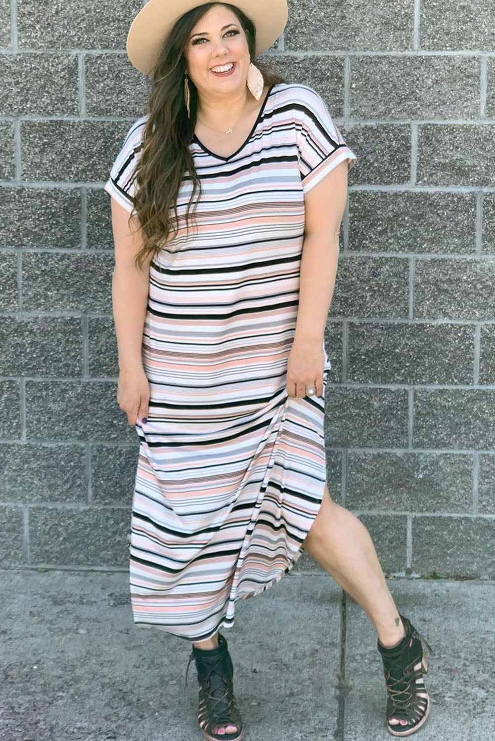 Striped Print V Neck Side Split Plus Size Dress