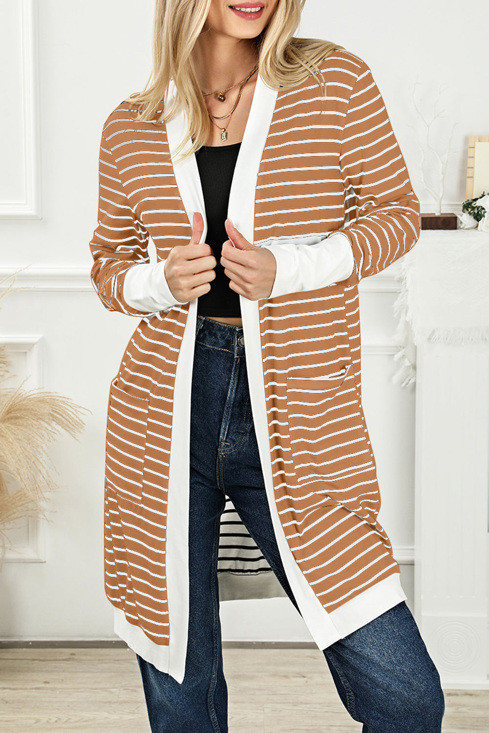Striped Side Pockets Open Front Cardigan