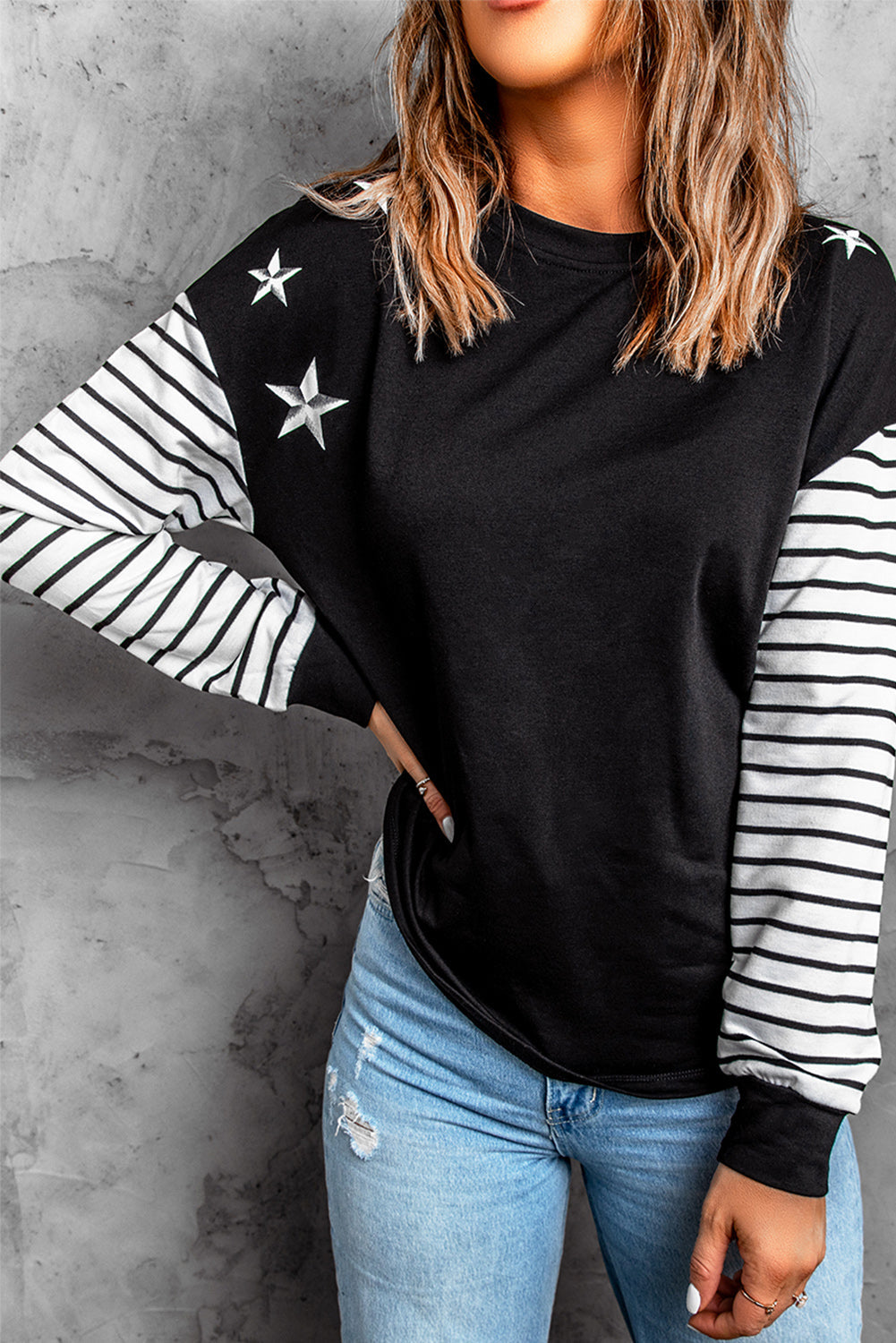 Striped Star Print Patchwork Long Sleeve Top