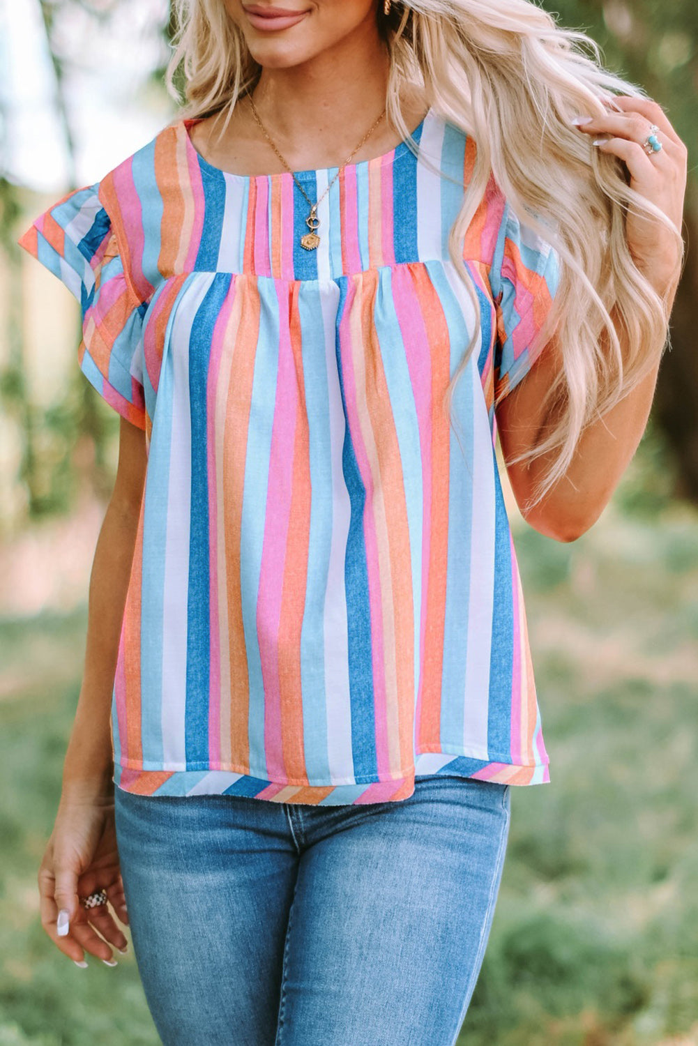 Striped Tiered Ruffle Cap Sleeve Top