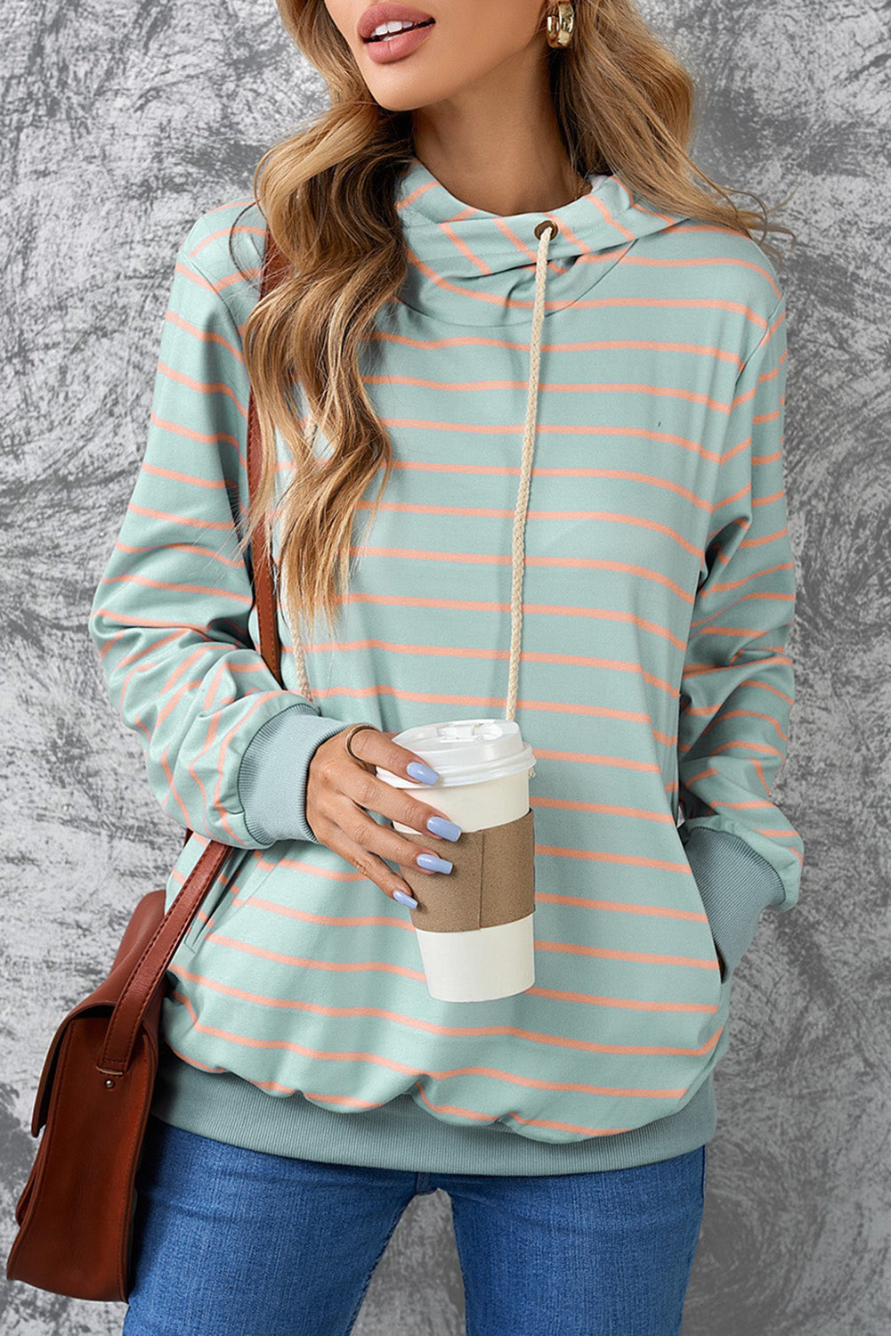 Striped Turtleneck Hoodie With Pocket