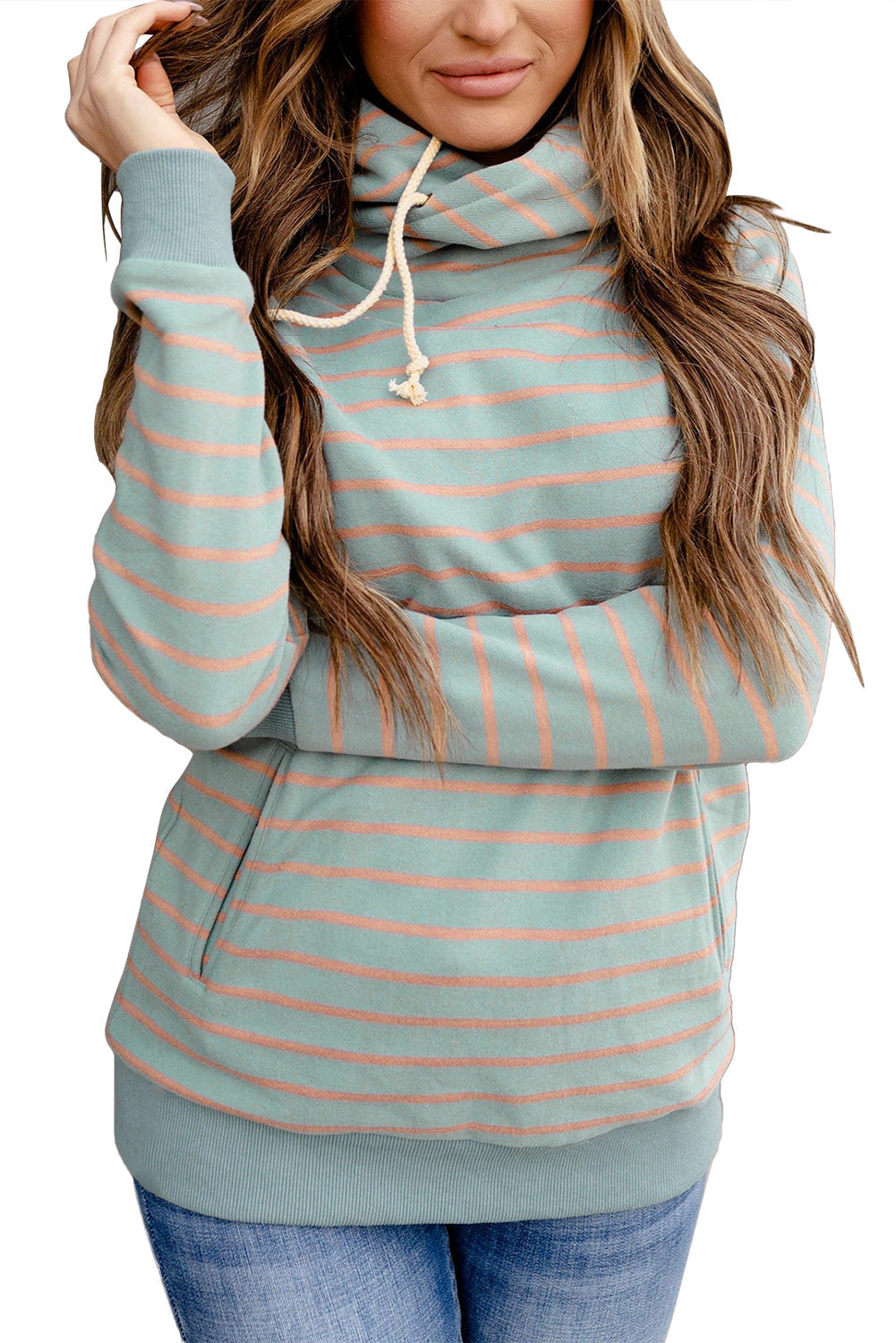 Striped Turtleneck Hoodie With Pocket