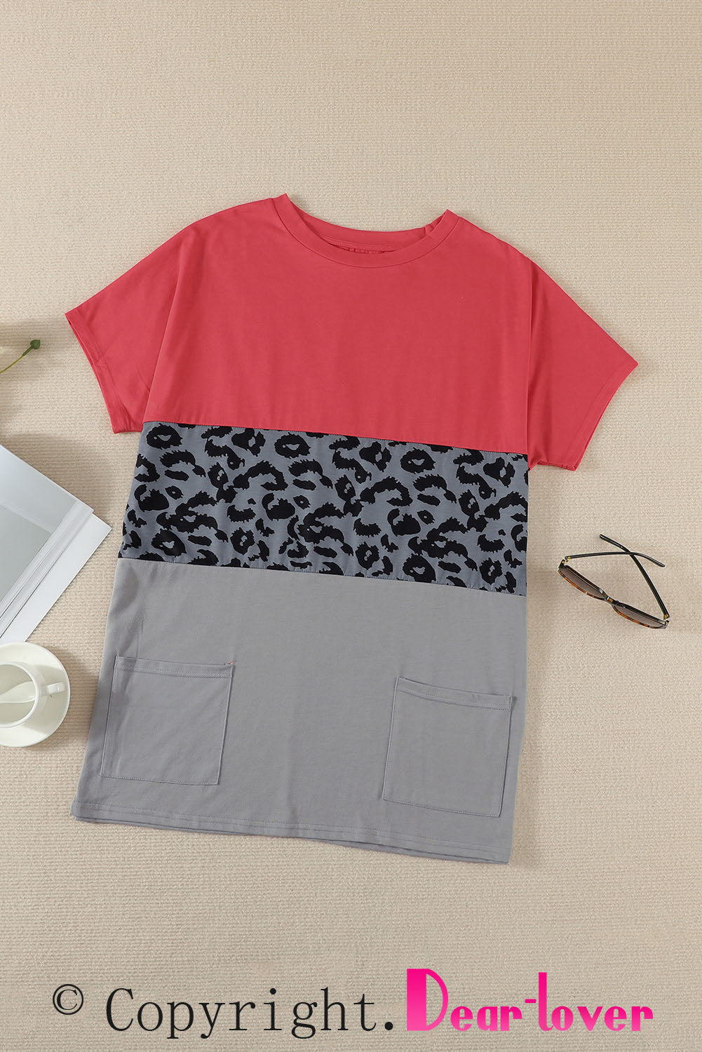 Triple Colorblock Splicing Short Sleeve Mini Dress With Pockets