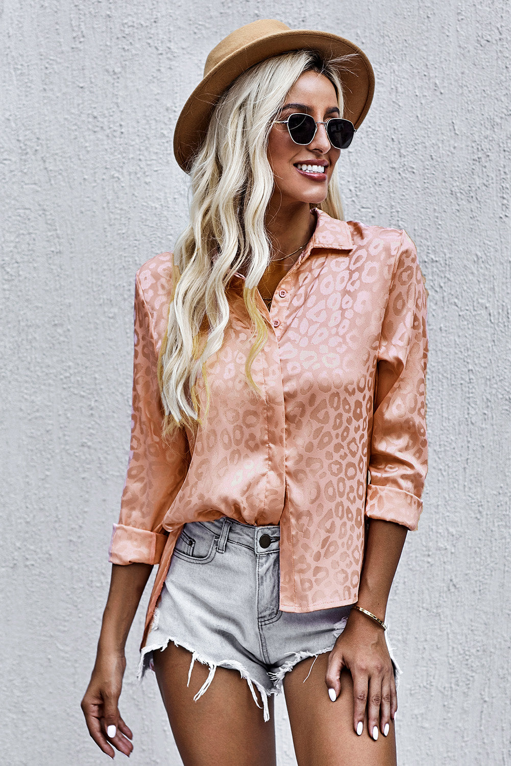 Turn-Down Collar Embossed Button Shirt