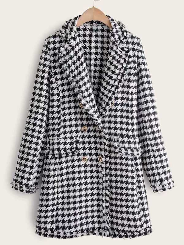 Tweed Lapel Neck Double Breasted Houndstooth Coat