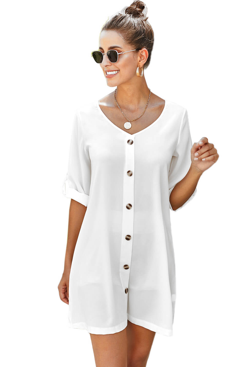 V Neck Button Front Roll Up Tab Sleeve Dress