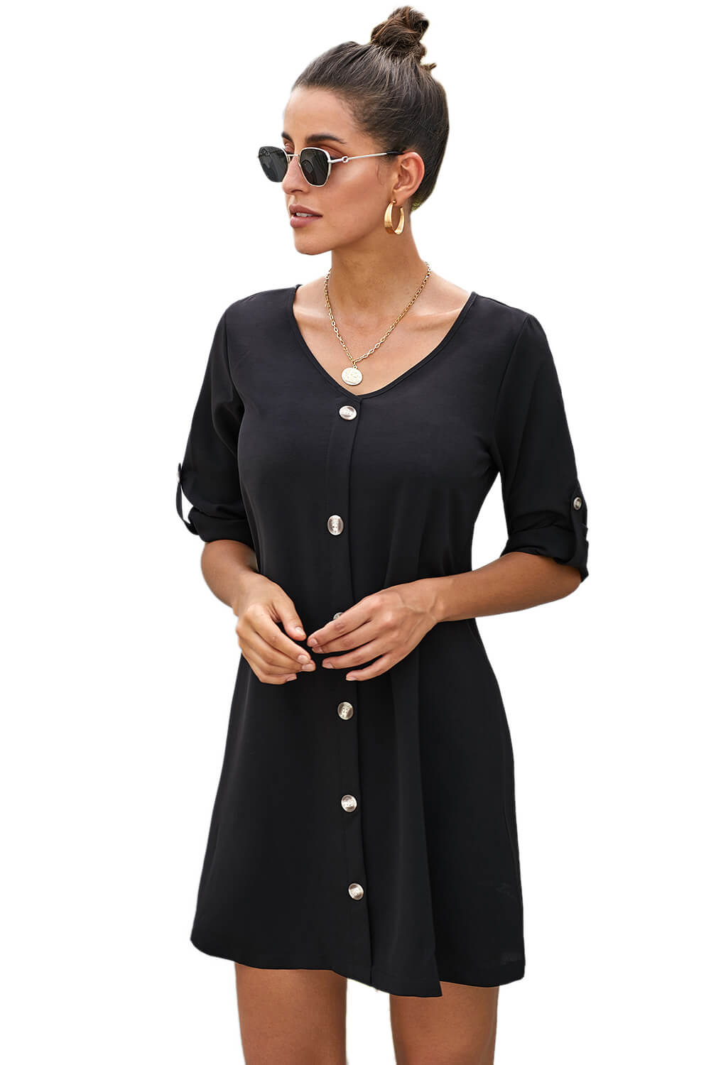V Neck Button Front Roll Up Tab Sleeve Dress