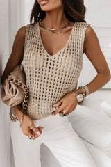 V Neck Fishnet Hollow-out Knitted Tank Top