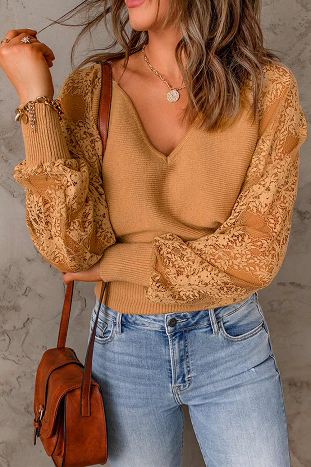 V-Neck Lace Sleeve Pullover Sweater