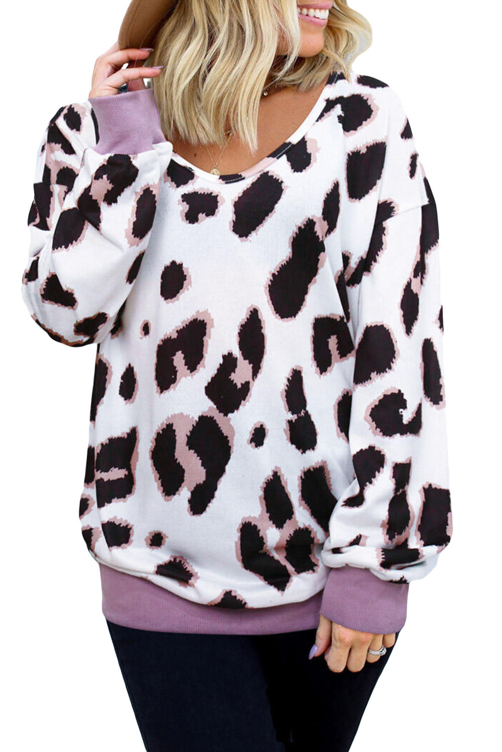 V-Neck Leopard Print Dropped Long Sleeve Sweatshirt