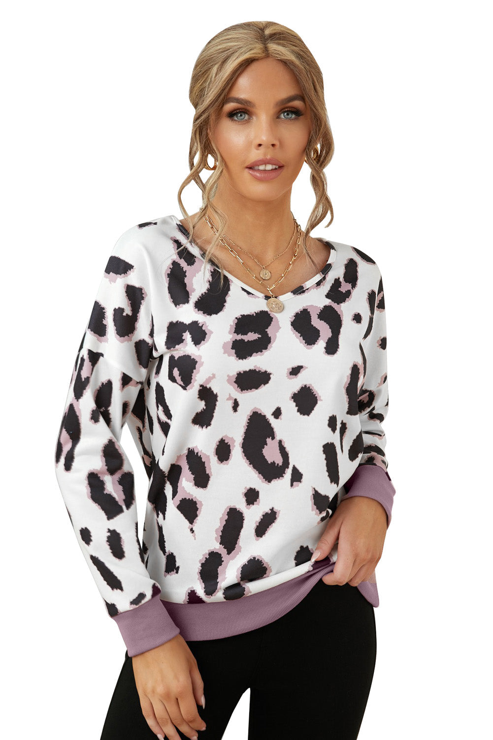 V-Neck Leopard Print Dropped Long Sleeve Sweatshirt