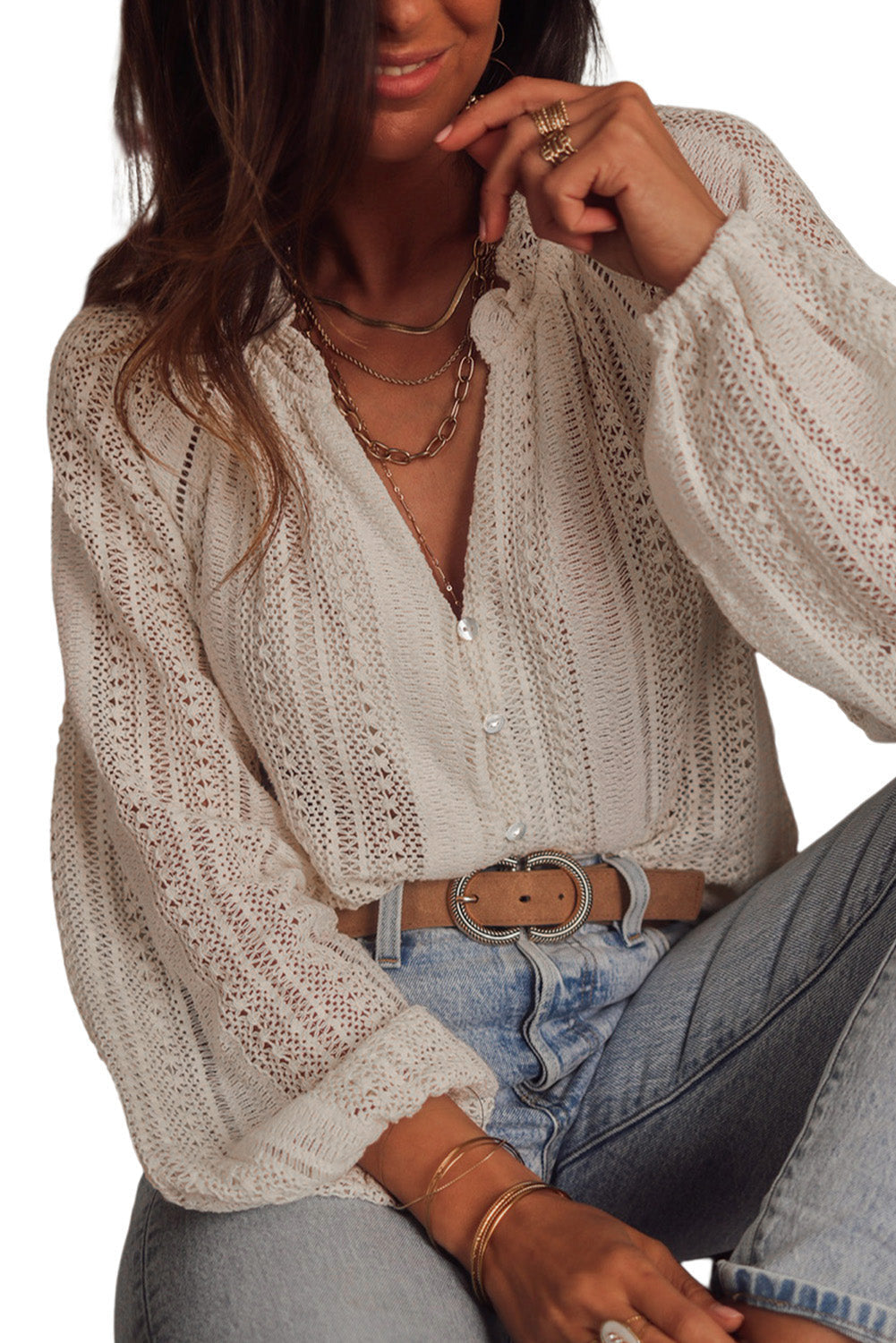 V-Neck Long Sleeve Button Up Lace Shirt