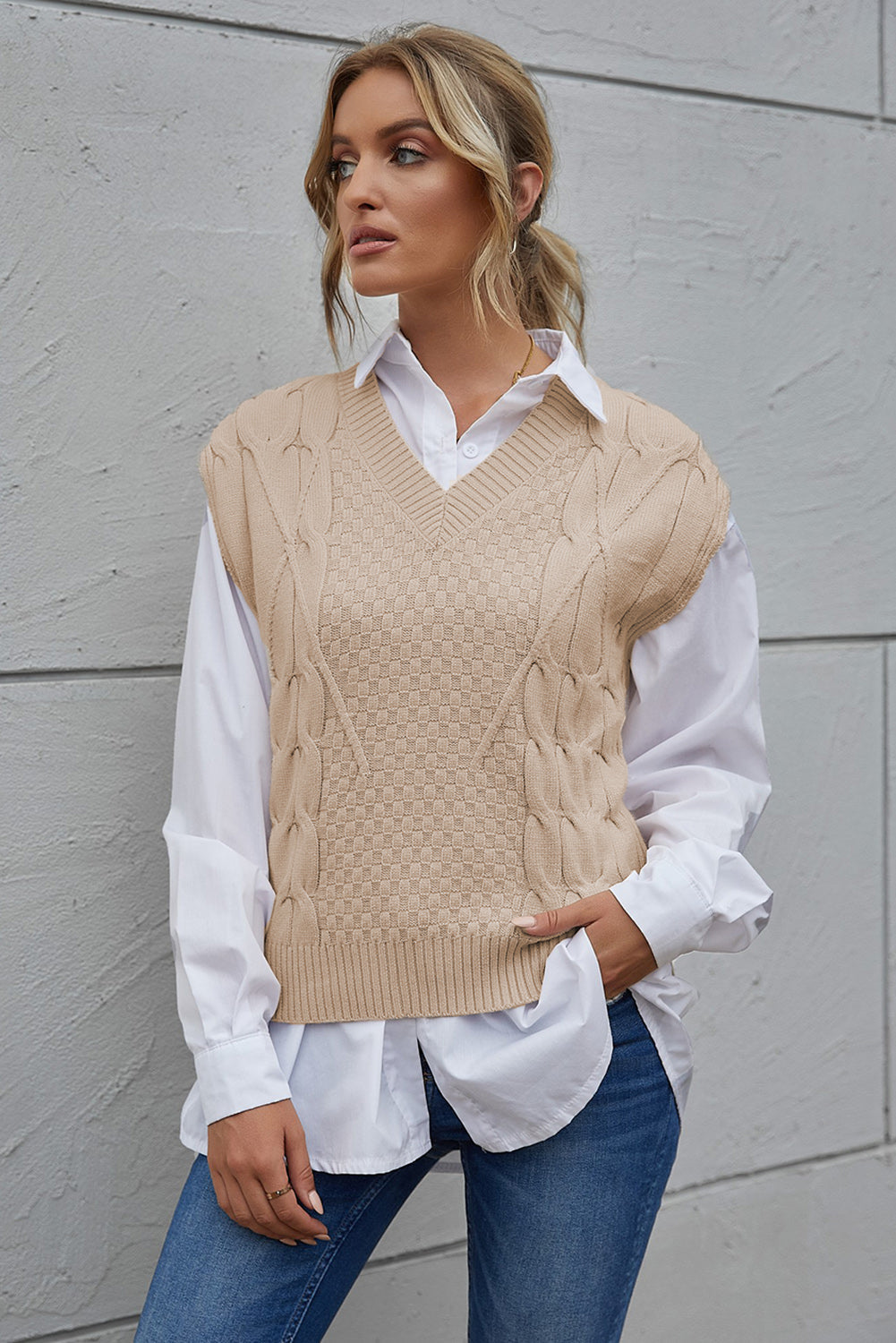 V-Neck Twist Knitted Vest Sweater