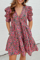 Vintage Puff Sleeve Side Pockets Floral Dress