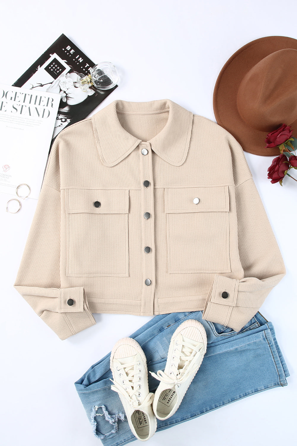 Waffle Knit Buttons Cropped Jacket With Pockets