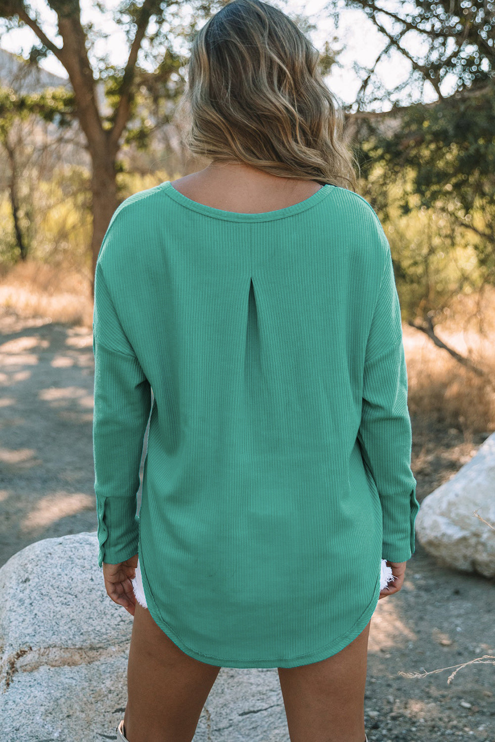 Waffle Knit Splicing Buttons Long Sleeve Top