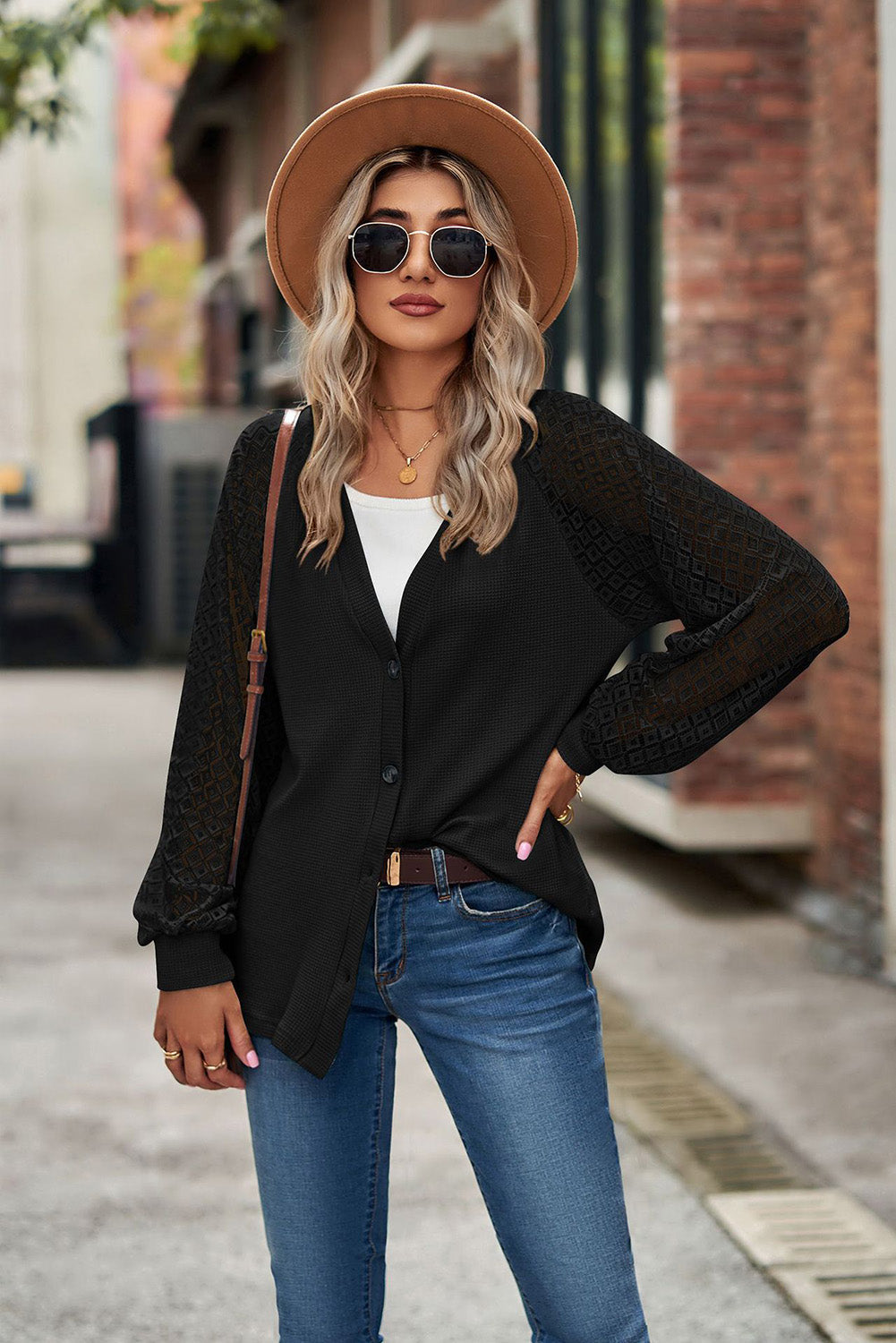 Waffled Knit Lace Long Sleeve Buttoned Cardigan