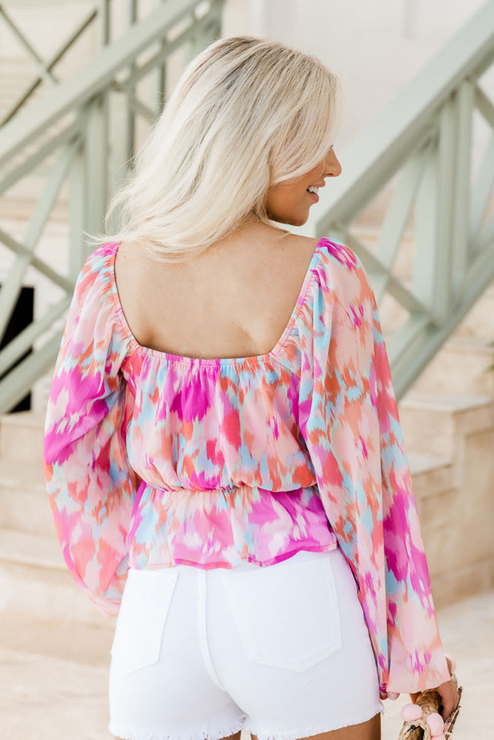 Watercolor Abstract Print Pleated Long Sleeve Blouse