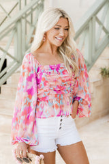 Watercolor Abstract Print Pleated Long Sleeve Blouse