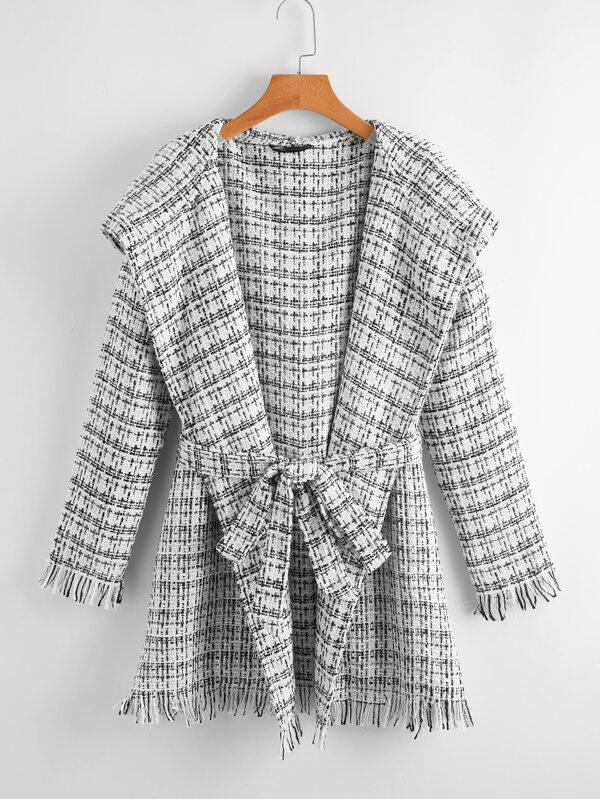 Waterfall Collar Self Belted Raw Trim Tweed Hooded Coat