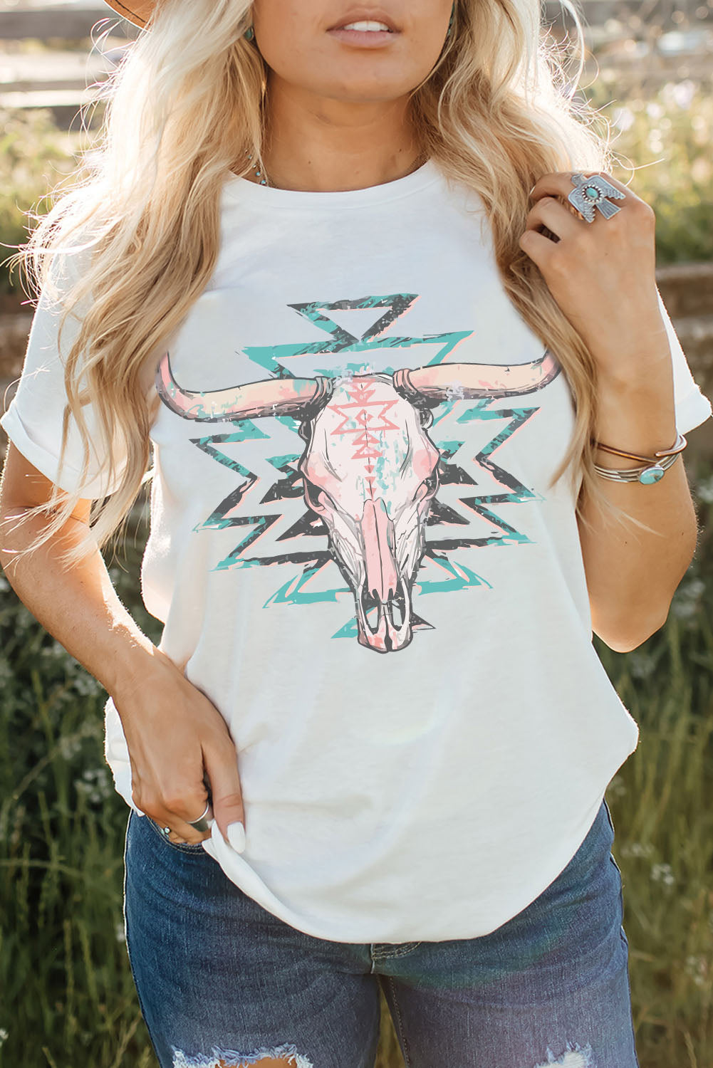 White Aztec Steer Skull Graphic Casual T Shirt