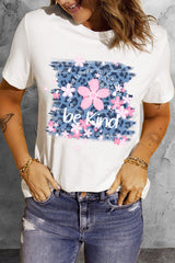 White Be Kind Cherry Blossoms Leopard Print Short Sleeve T Shirt