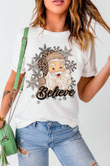White Believe Santa Claus Snowflake Print Crew Neck T Shirt