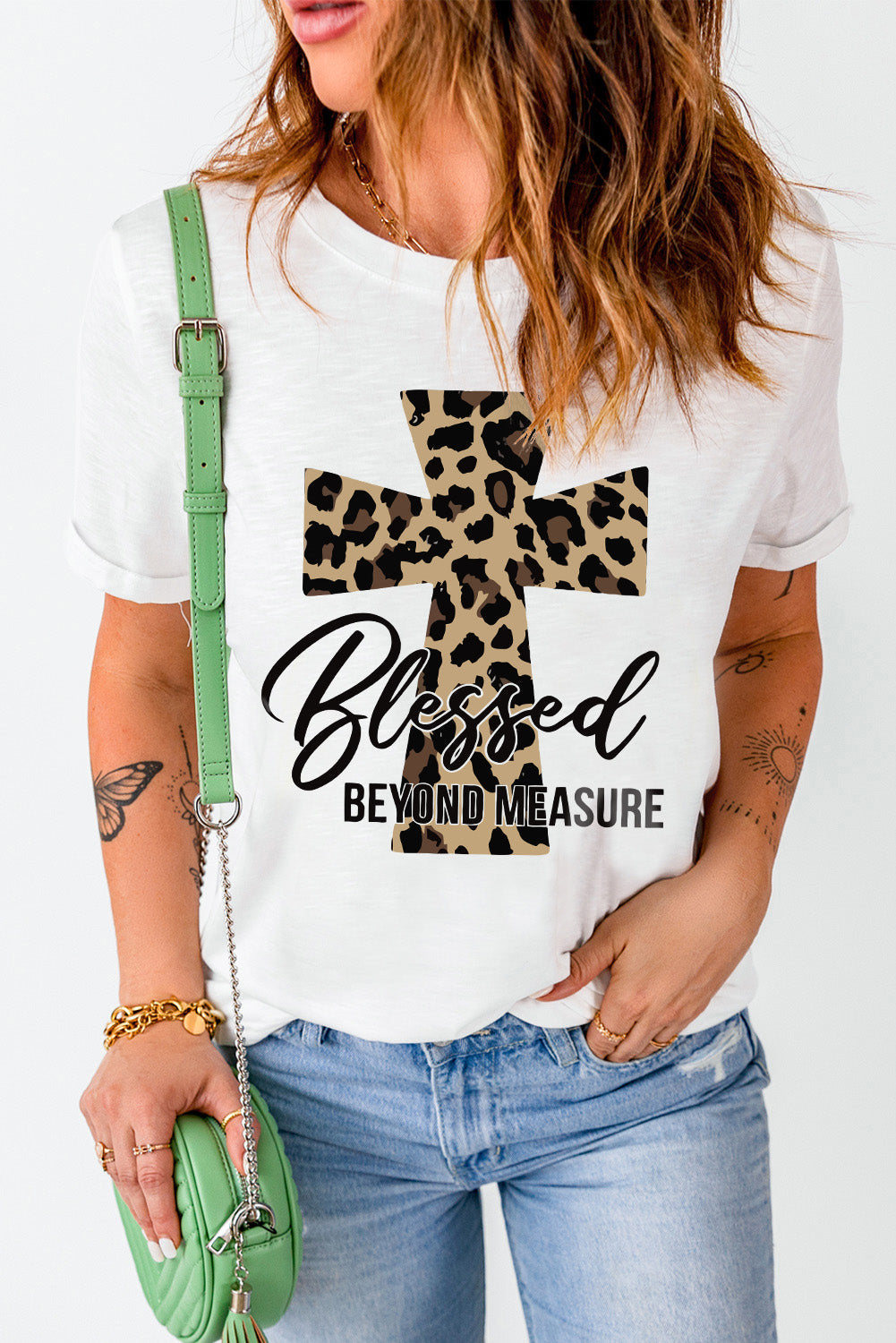White Blessed Leopard Cross Graphic Print Graphic T Shirt