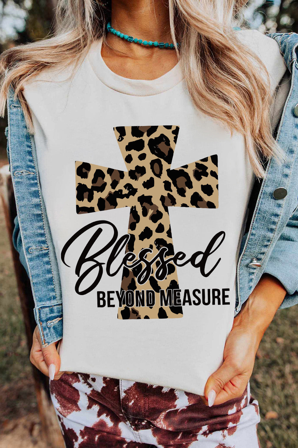 White Blessed Leopard Cross Graphic Print Graphic T Shirt