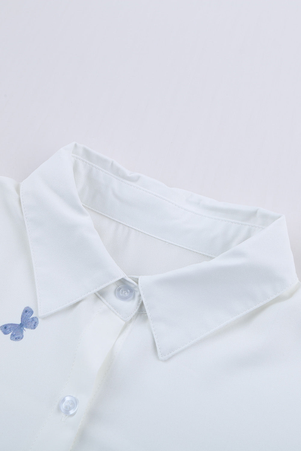 White Butterfly Print Pocketed Shirt