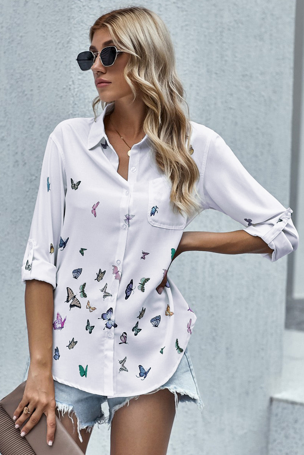 White Butterfly Print Pocketed Shirt