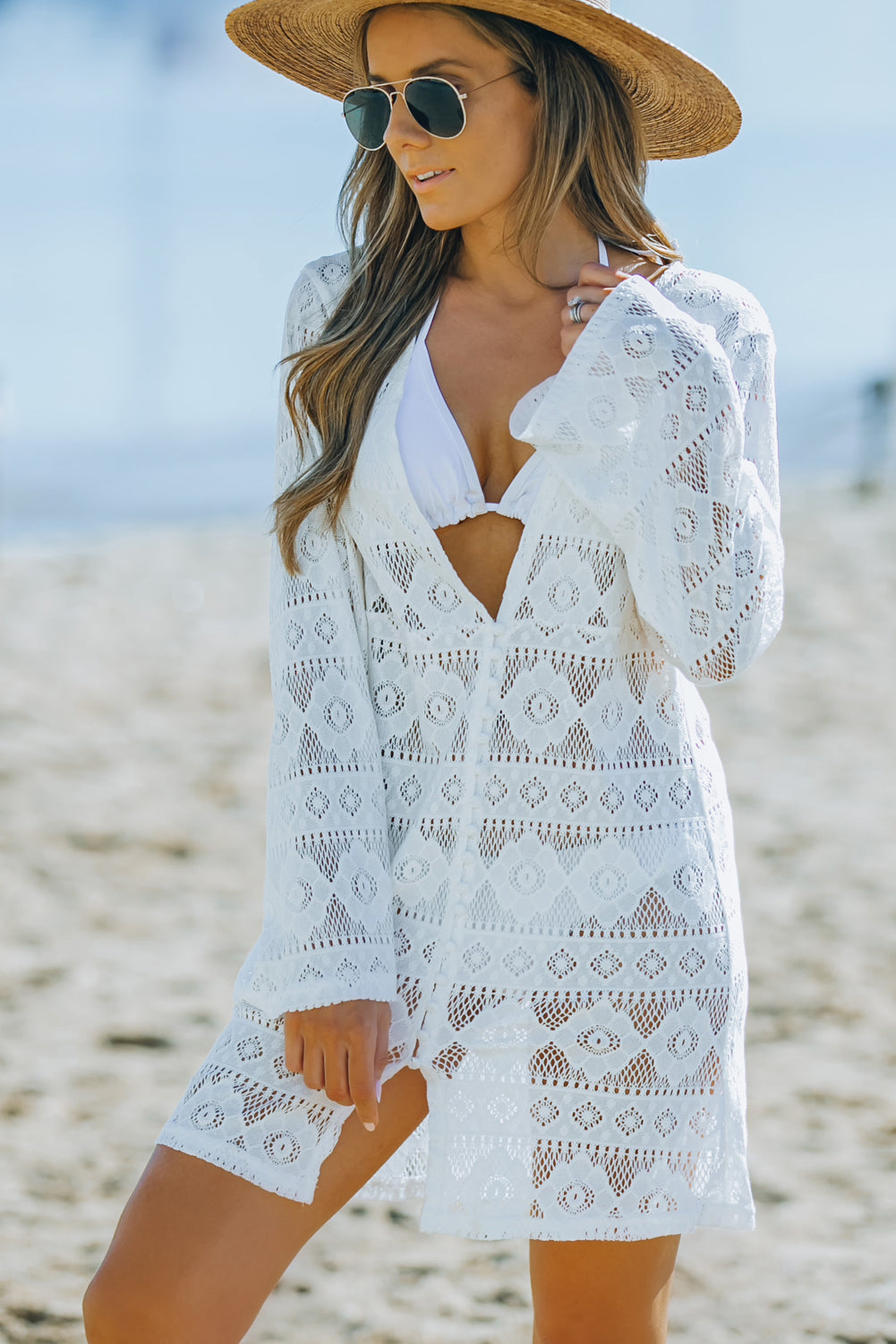 White Button Down Lace Tunic Beach Dress