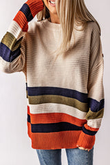 White Buttoned Shoulder Drop Shoulder Striped Sweater