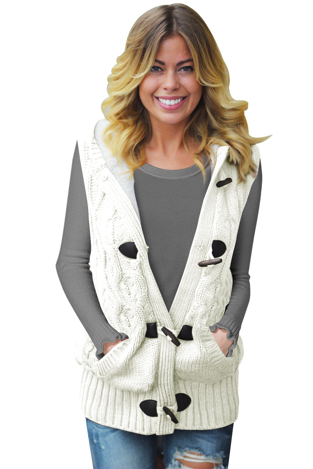 White Cable Knit Hooded Sweater Vest