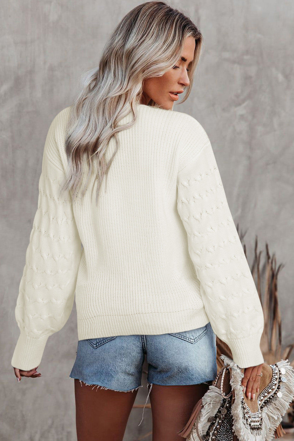 White Cable Puff Sleeve Lace V Neck Sweater