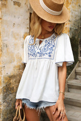 White Casual Tie Front Floral Print Flounce Sleeve Top