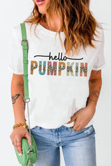 White Colorful Pumpkin Leopard Graphic Casual Tee