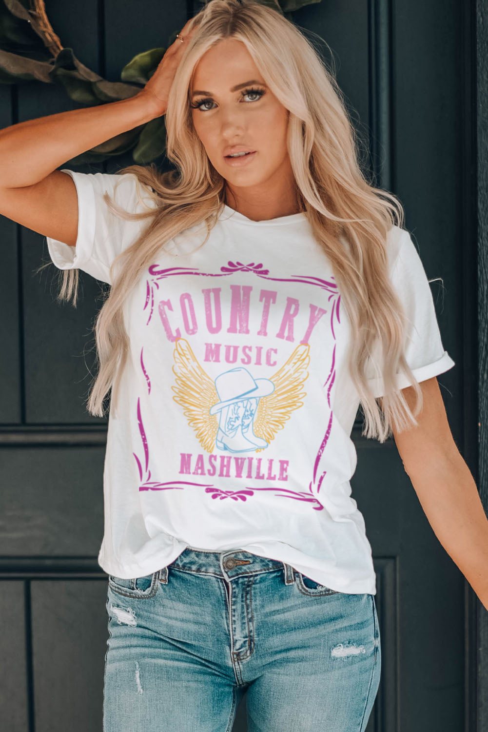 White Country Music Boots Wings Print Graphic T Shirt