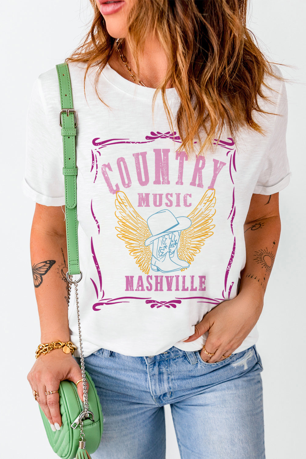 White Country Music Boots Wings Print Graphic T Shirt
