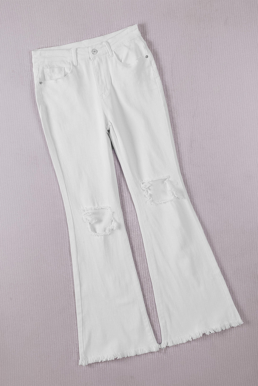 White Distressed Hollow-Out Knee Frayed Flare Jeans