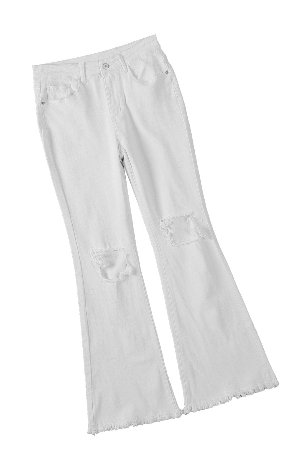 White Distressed Hollow-Out Knee Frayed Flare Jeans